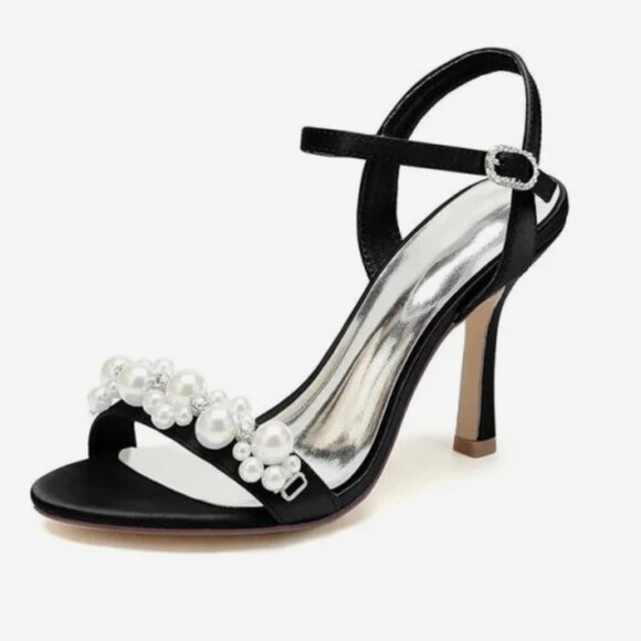 Formal Black and Pearl Open Toe Stiletto Heels Size 9 - Picture 1 of 2